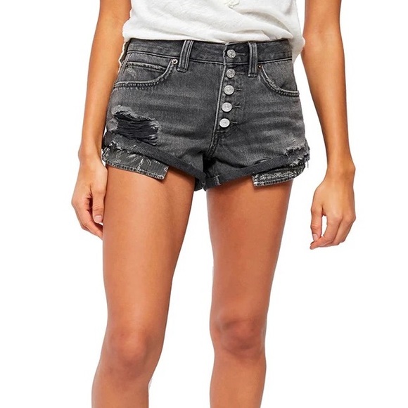 Free People Pants - NWOT Free People We The Free Romeo Rolled Distressed Denim Shorts Black - 26